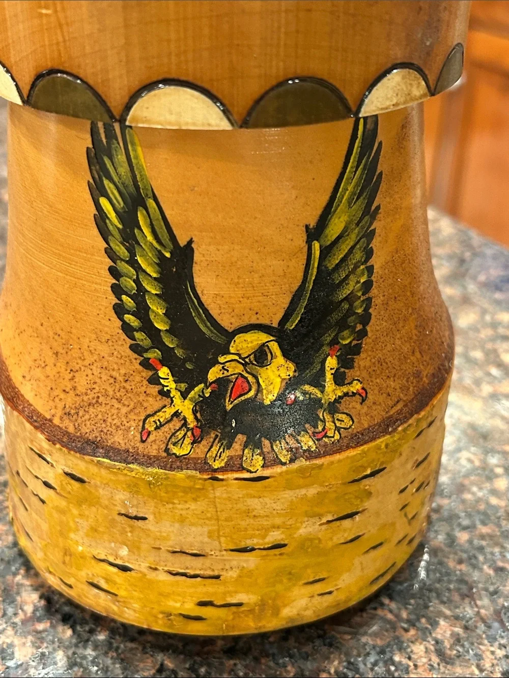 vintage hand-carved hand painted wooden or birch bark mug or stein with eagle